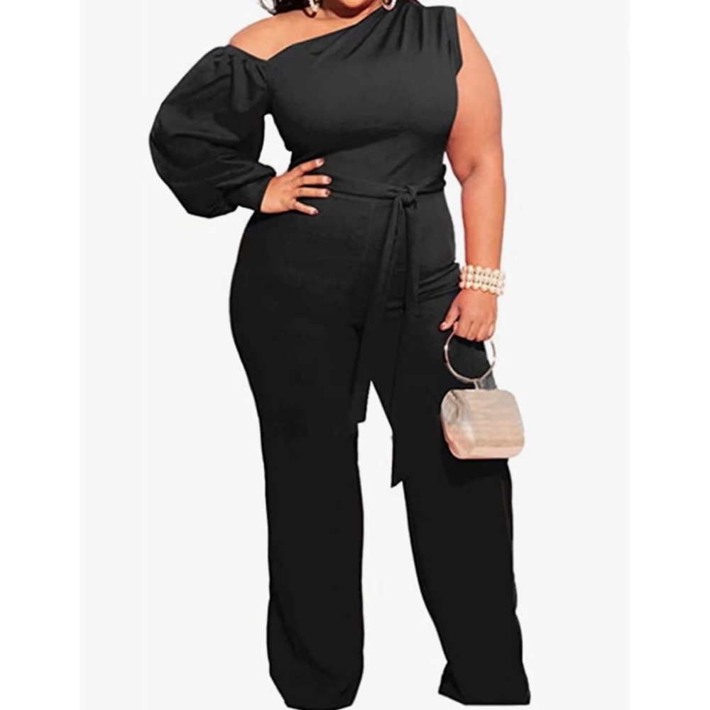 Womens Plus One Long Sleeve Sleeveless Belted Wide Leg Jumpsuit